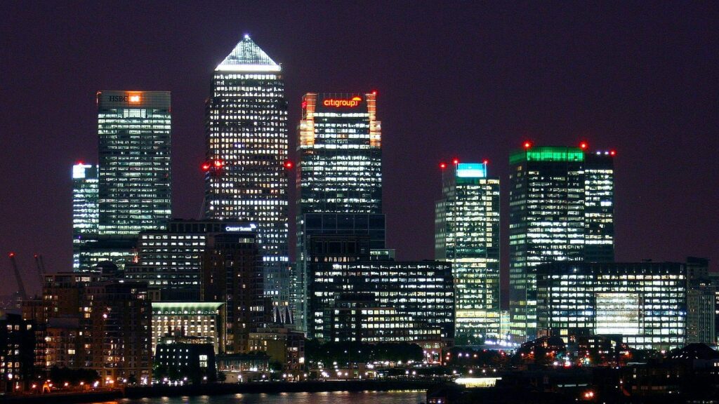 Canary Wharf, London, at night.