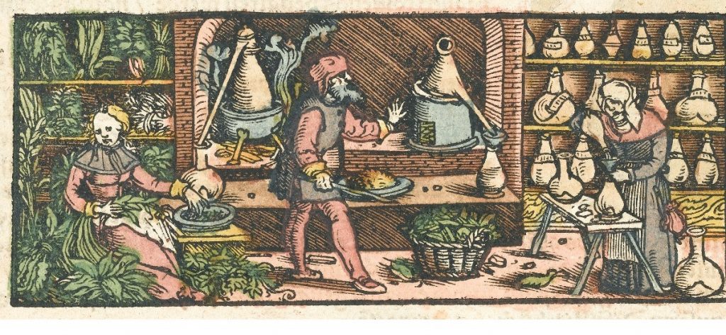 A 16th-century drawing showing distillation equipment in use